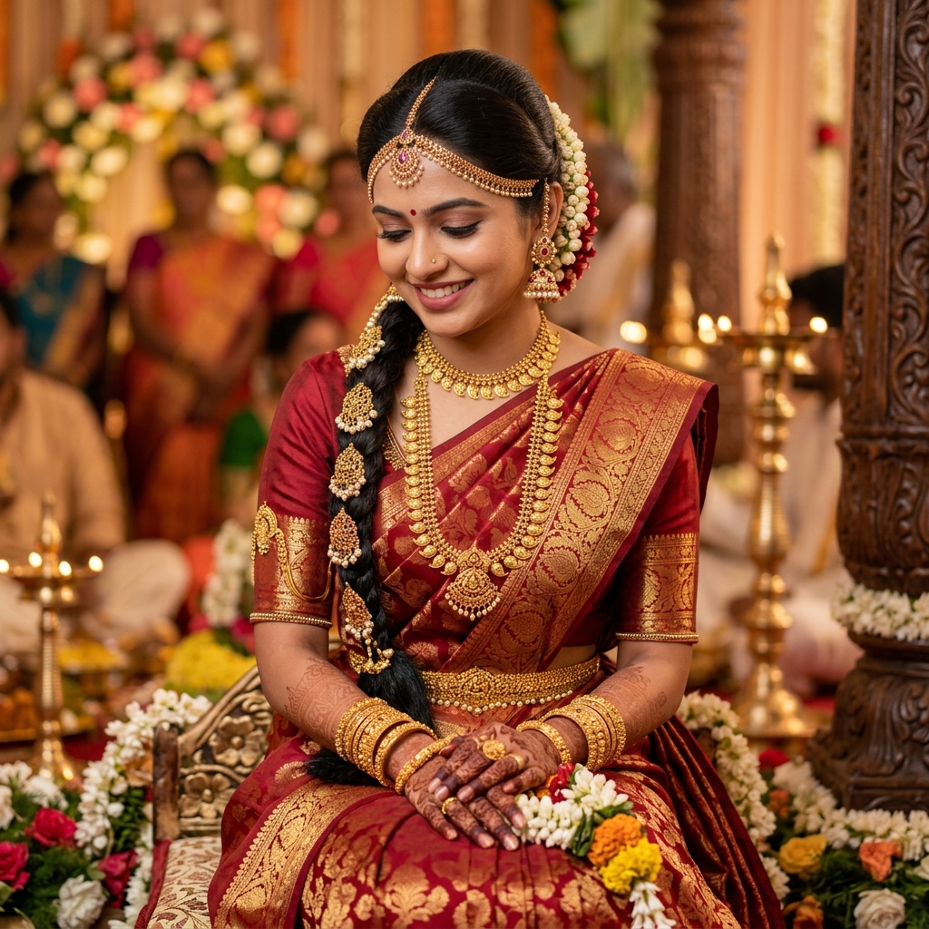 Traditional South Indian Bride with temple jewelry