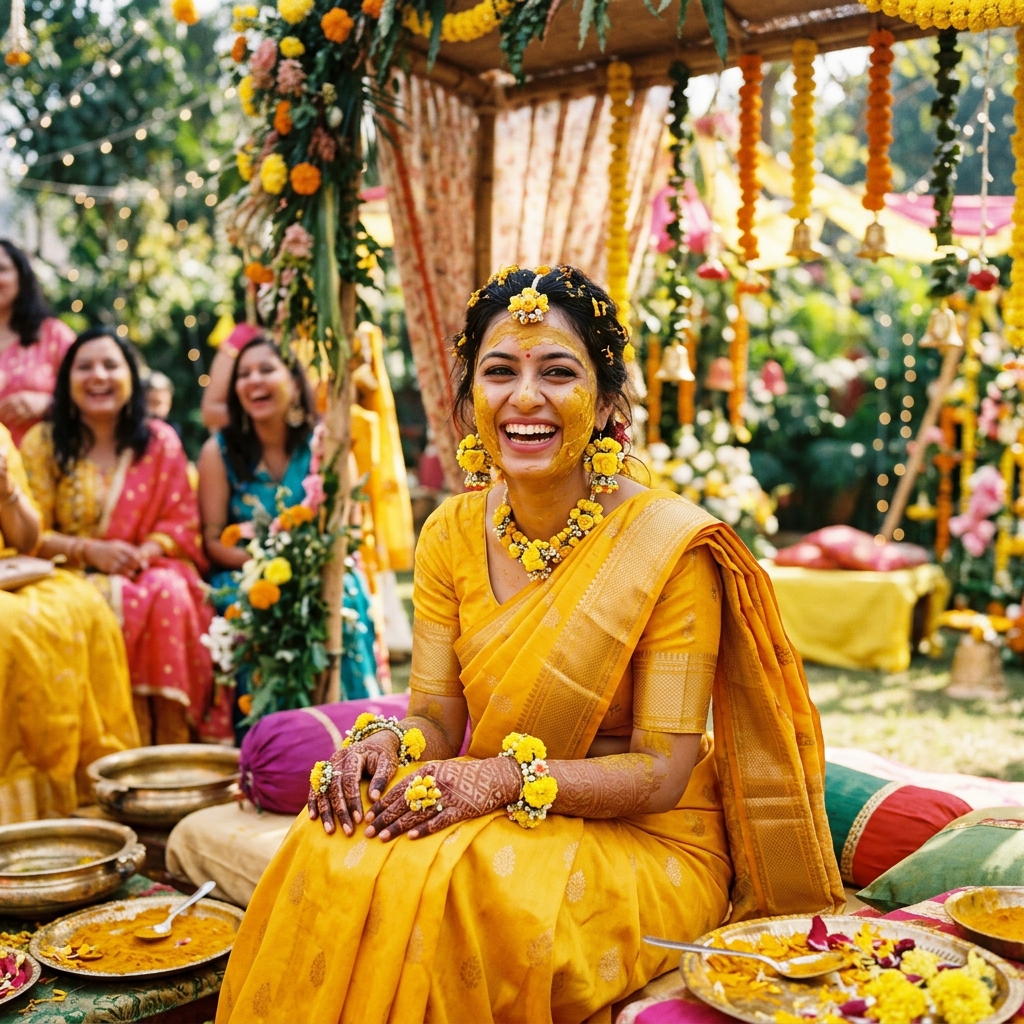 Haldi Ceremony Bride with fresh yellow flower jewelry